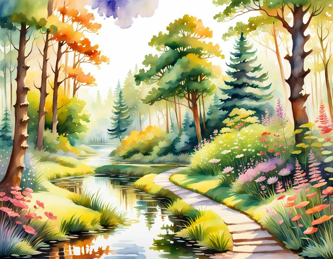Dreamy Forest Path in Watercolor Landscape