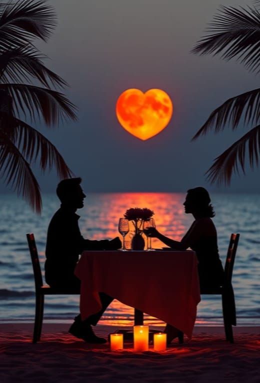 Romantic Beachside Dinner Under a Heart-Shaped Moon