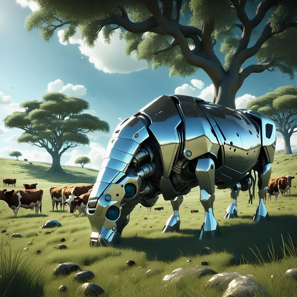 Futuristic Cyborg Cows Grazing in Meadow: Sci-Fi Scene