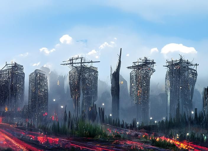 Dystopian Post-Apocalyptic City with Overgrown Skyscrapers