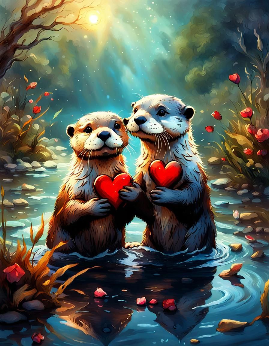 Charming Otters Create Heart, Hyperdetailed Fantasy Art