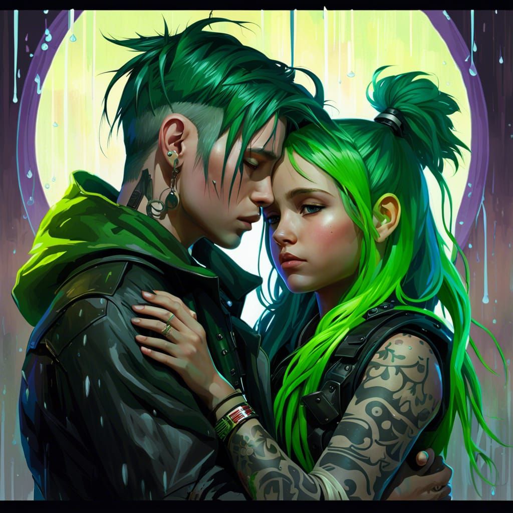 Neon Punk Comforts Sad Child in Rain