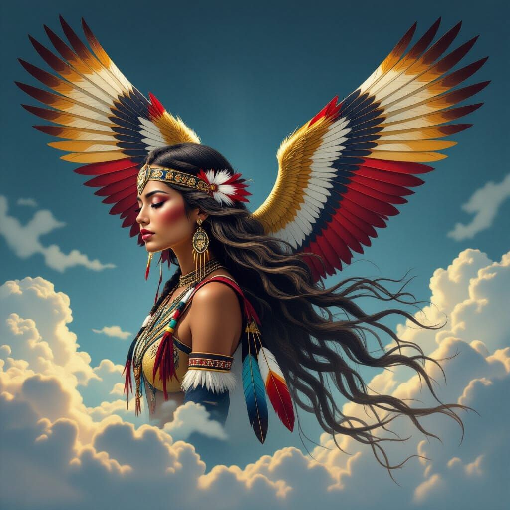 Angel With Tribal Feathers and Dark Clouds