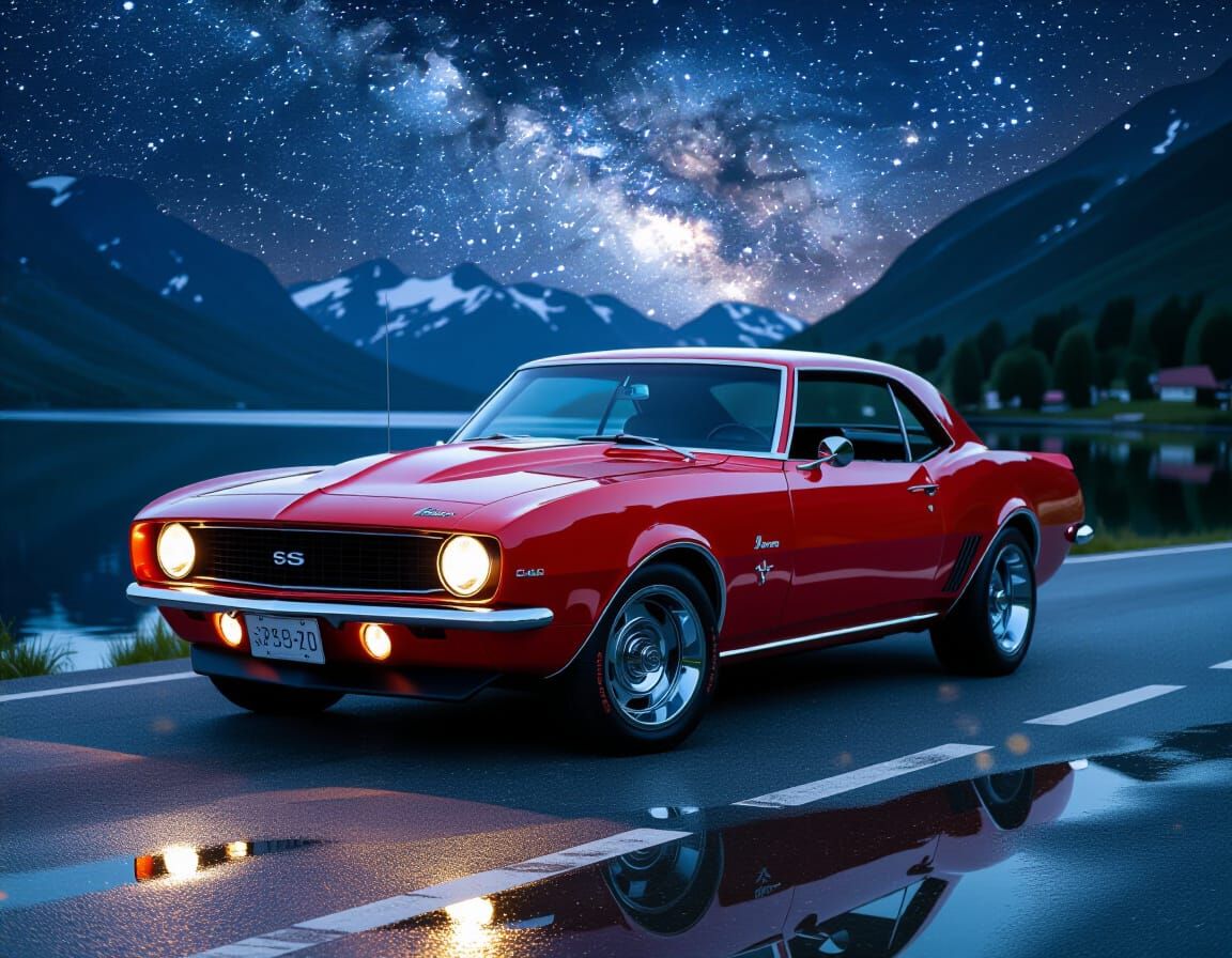 1967 Red Camaro by Alpine Lake at Night