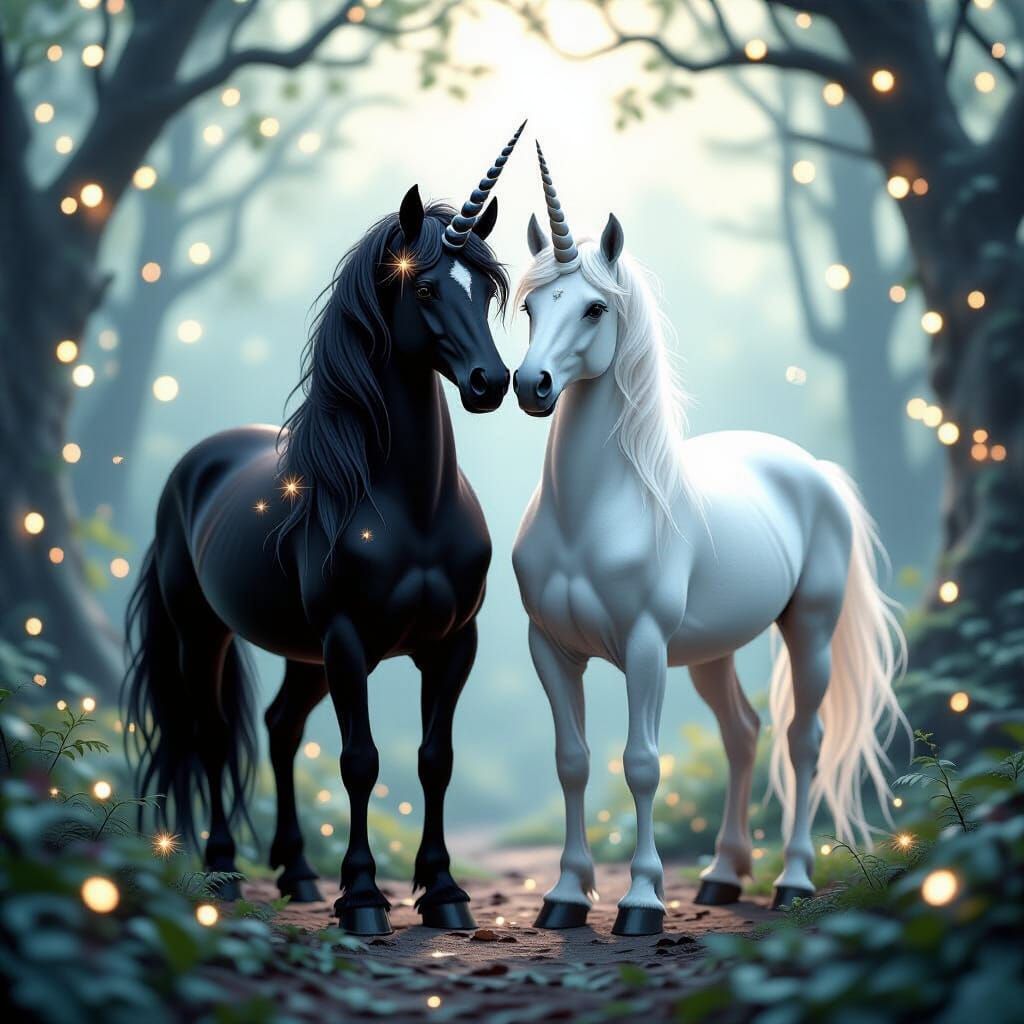 Unicorns in a Magical Forest with Fairy Lights