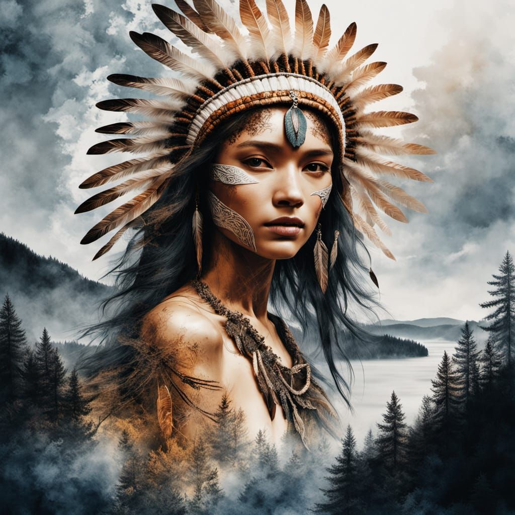 Native American Headdress Merged with Wild Landscape
