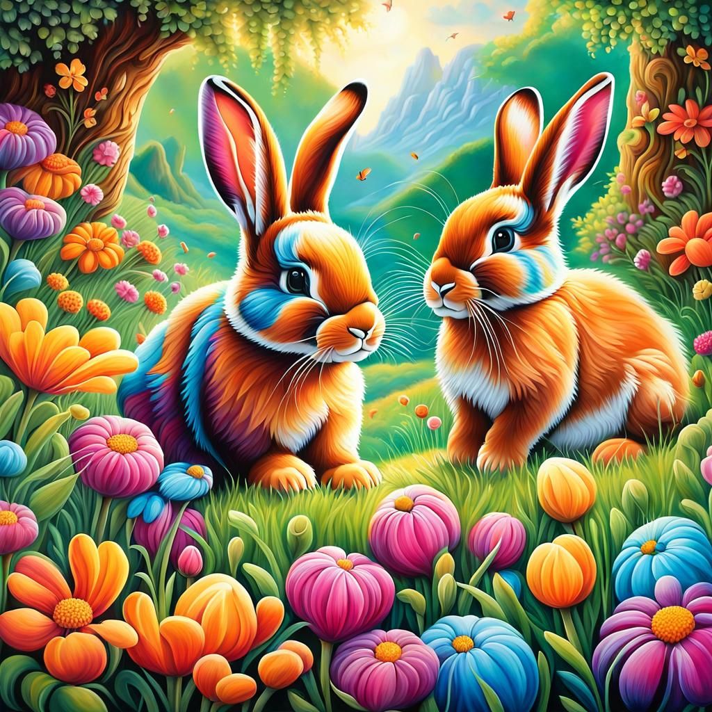 Cute Bunnies Playing in Dale: Whimsical Airbrush Art