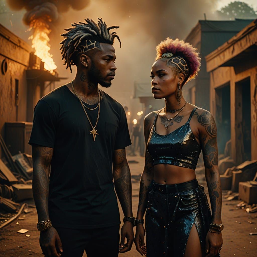 Epic Dark Fantasy Couple in Smoky Golden Hour