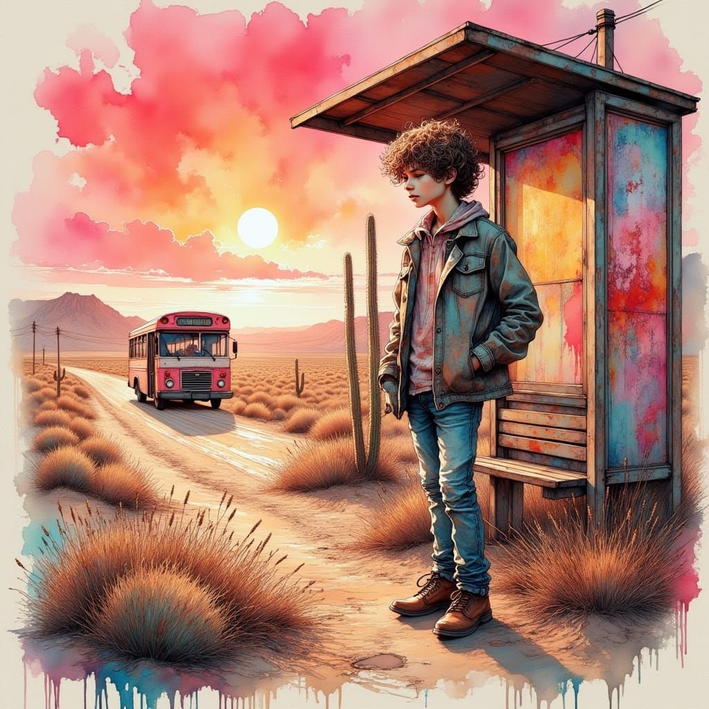 Lonely Boy at Desert Bus Stop: Hyperrealistic Splash Art