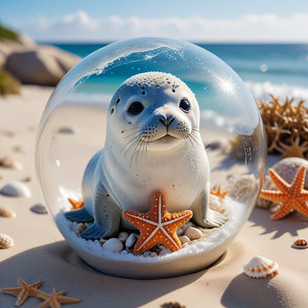 Seal in Snow Globe with Starfish