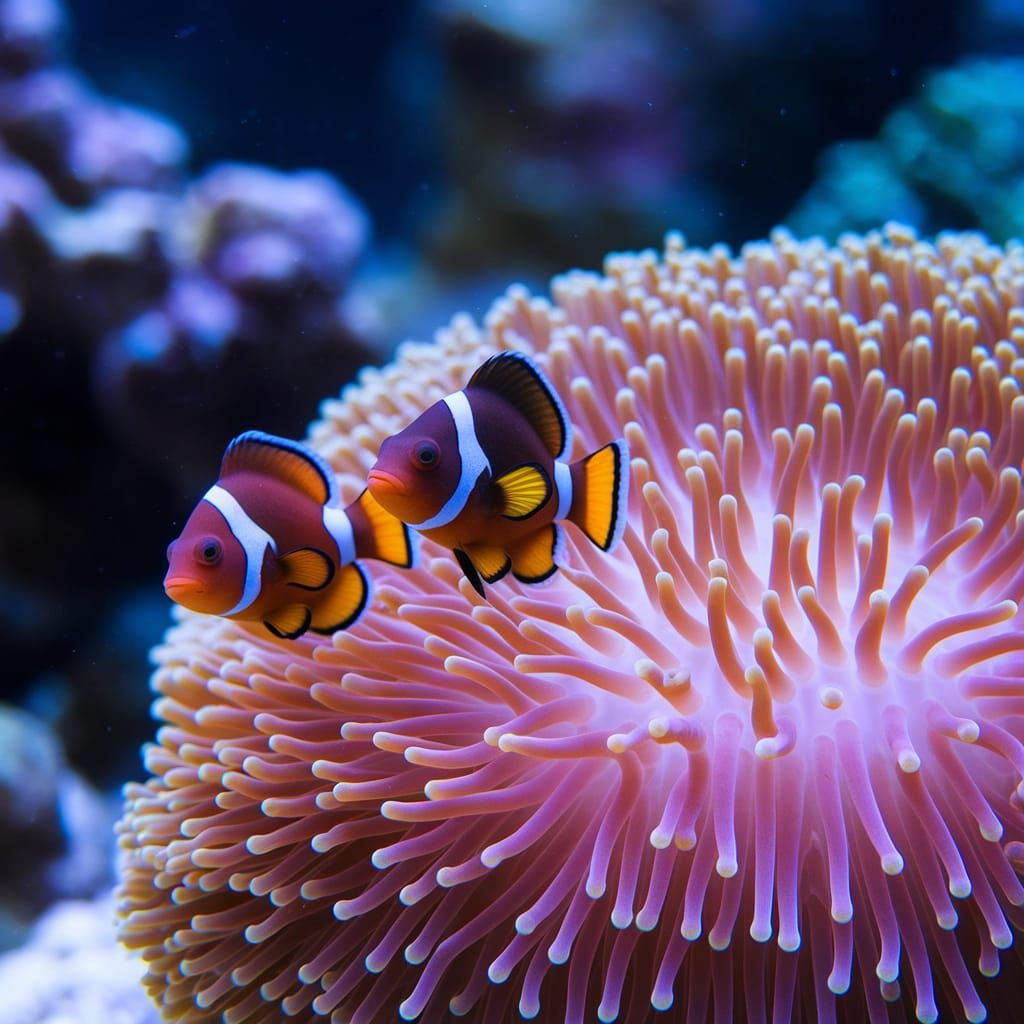 Clownfish and Pink Anemone in Tropical Aquarium