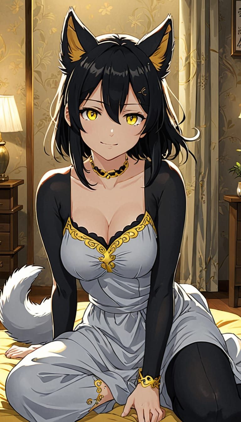 Anime Girl with Cat Features in Gold-Embroidered Nightgown