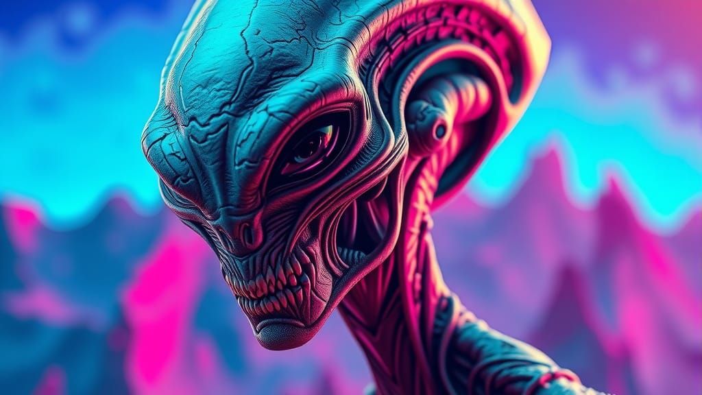 Otherworldly Alien Portrait in Vibrant, Cyberpunk-Inspired H...