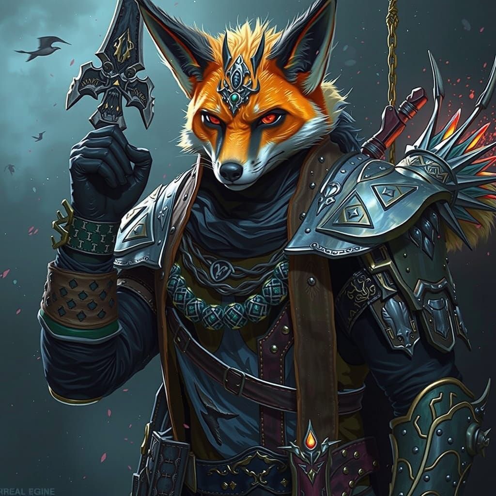 Surreal Fox Druid Wears Battle Armor in Epic Fantasy Scene