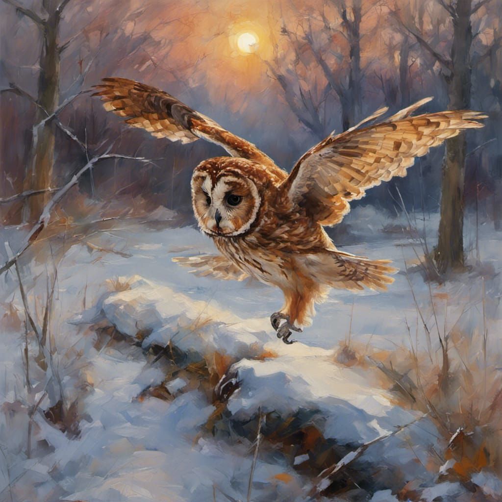Tawny Owl Hunting at Dusk in Impressionist Style