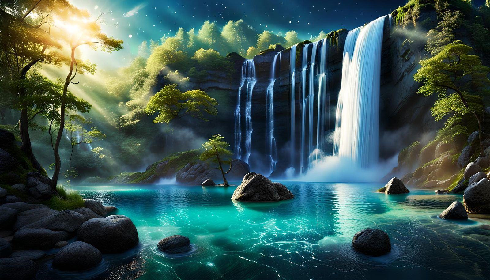 Majestic Waterfall Flowing Under Moonlight at Night