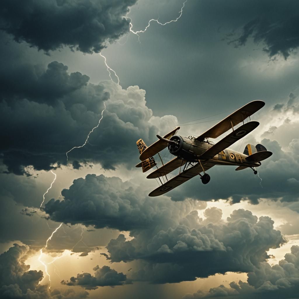 Monster Biplane in Stormy Sky: Cinematic Film Still