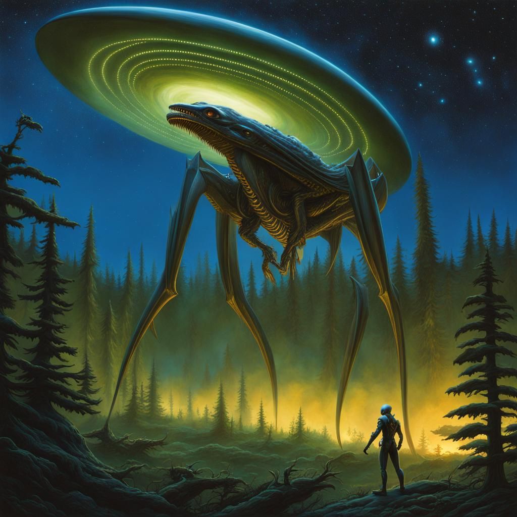 Bioluminescent Alien in Forest Clearing, Sleek Sci-Fi Style