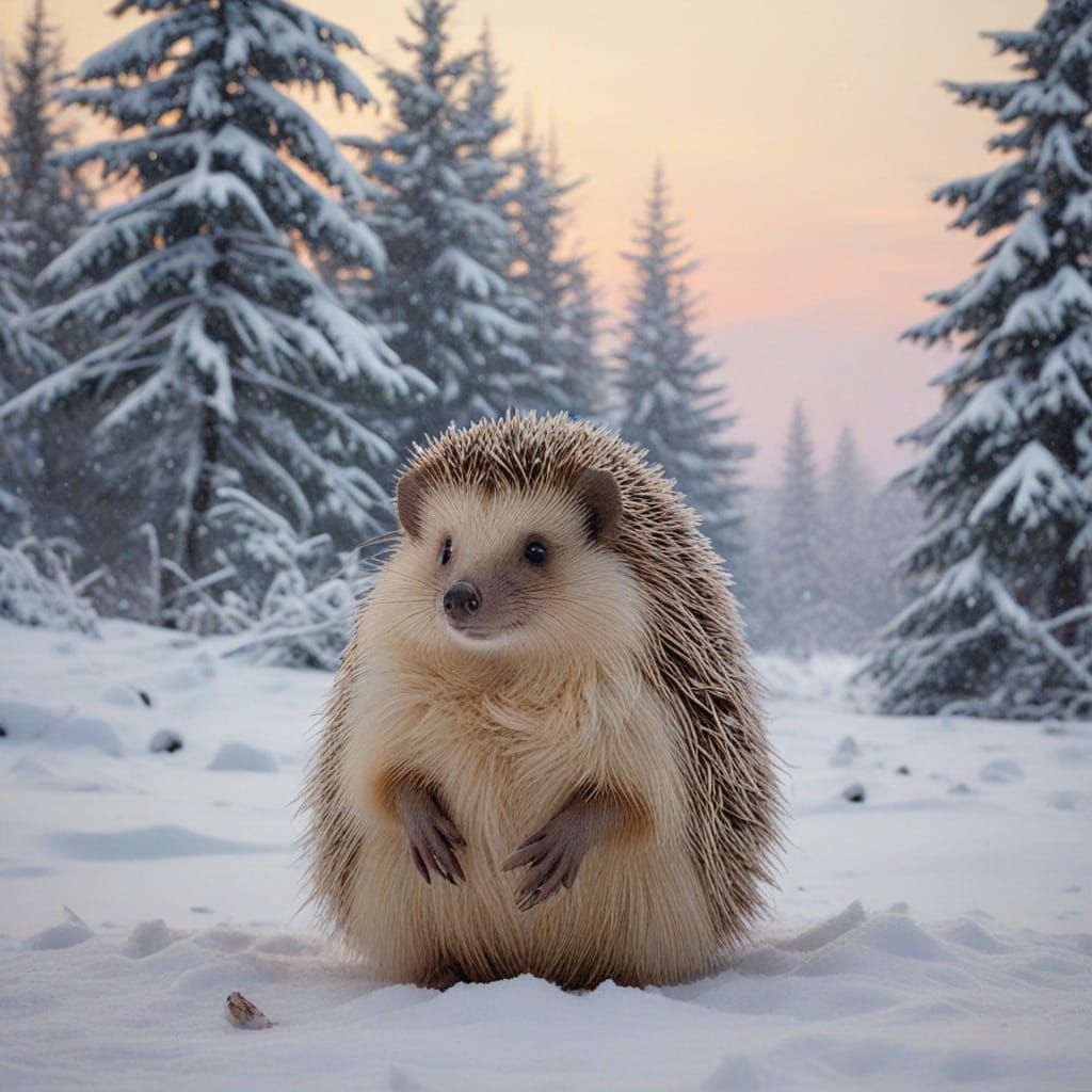 Surreal Winter Wonderland: A Regal Hedgehog in Snowy Splendo...