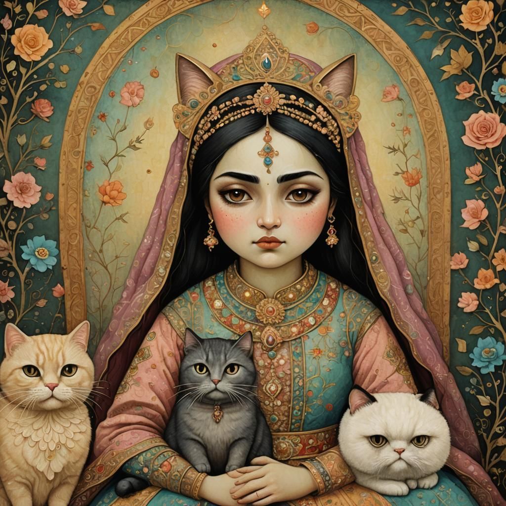 Qajar Woman with Cat in Art Brut Style
