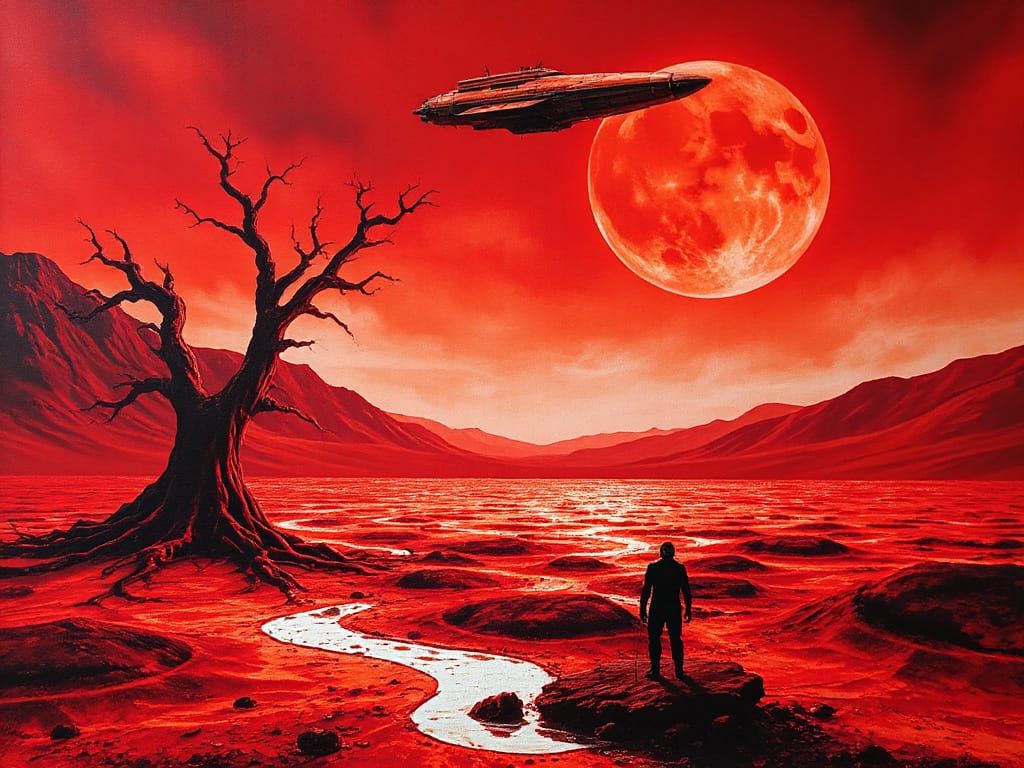 Surreal Red Landscape with Spaceship, as Impasto Painting