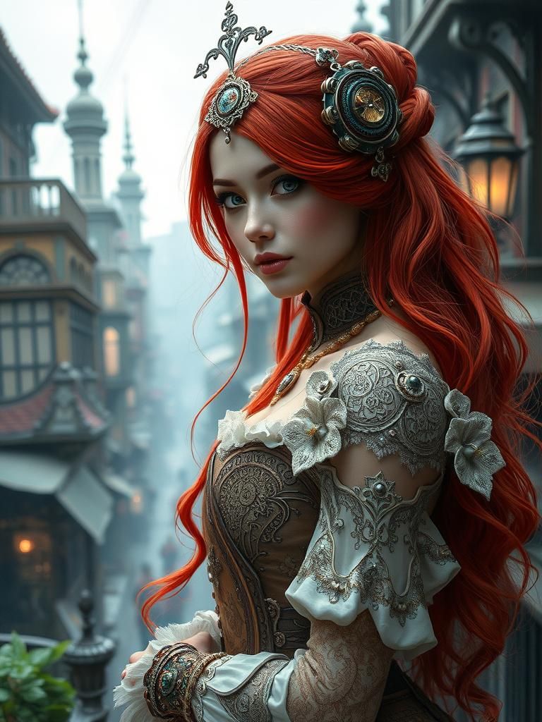 Steampunk Goddess with Crimson Hair in Digital Art