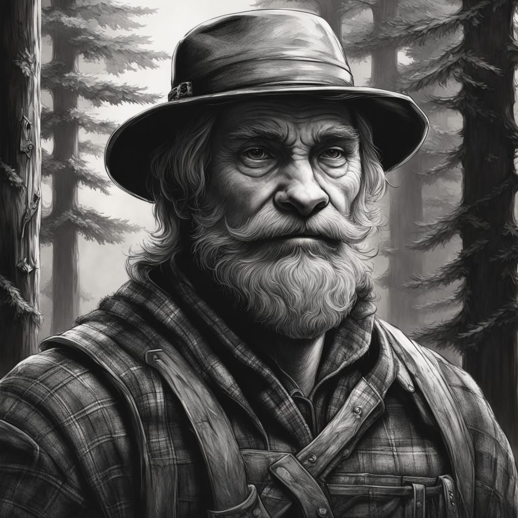 Otter Lumberjack in Snowy Forest, Charcoal Drawing