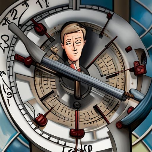 Cartoon Man Trapped in Tower Clock Face
