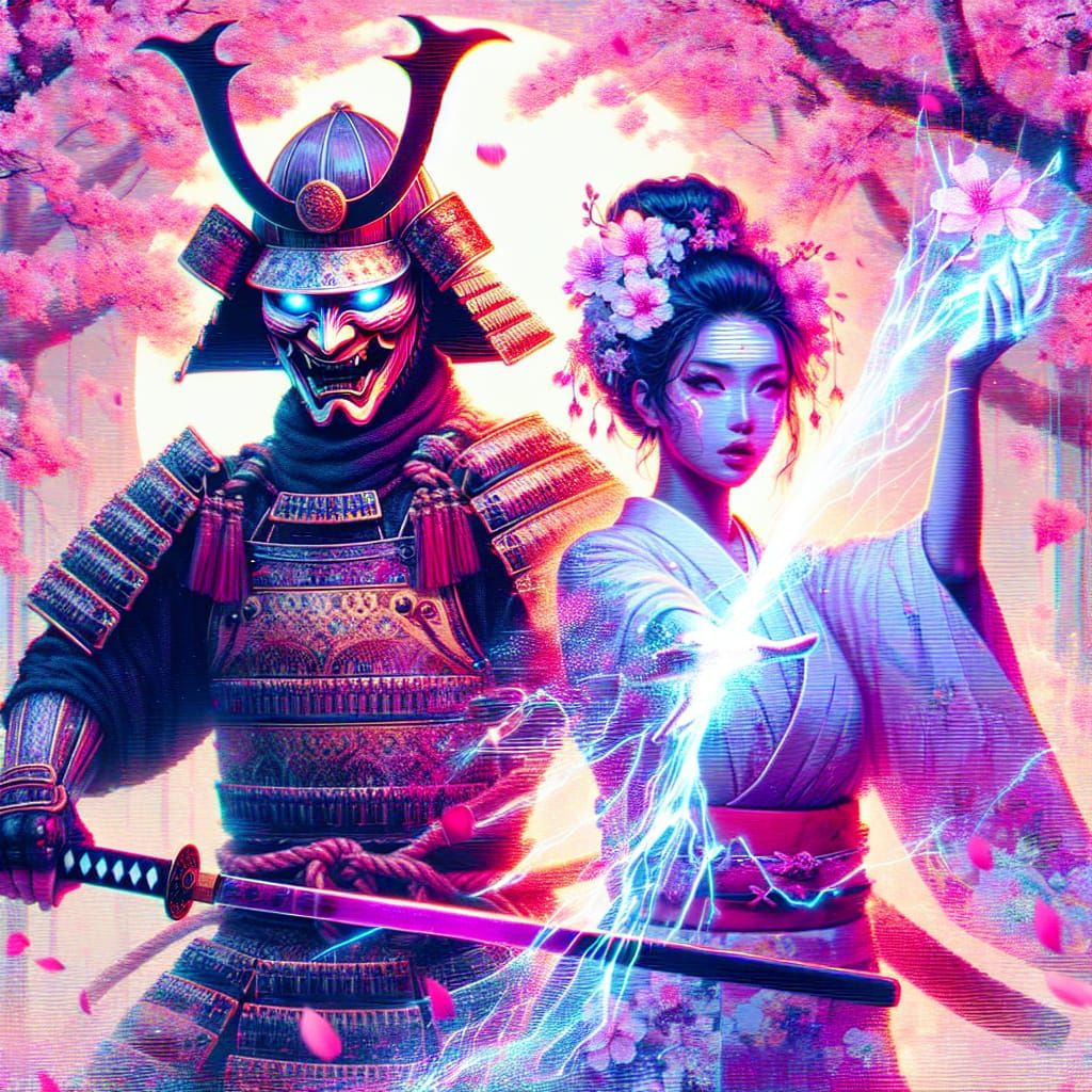 Glitched Samurai Unleashes Digital Sakura Blossom Fury