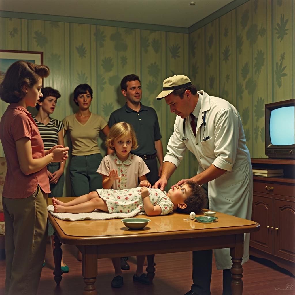 Retro-Futuristic Implant Scene in 1960s Living Room