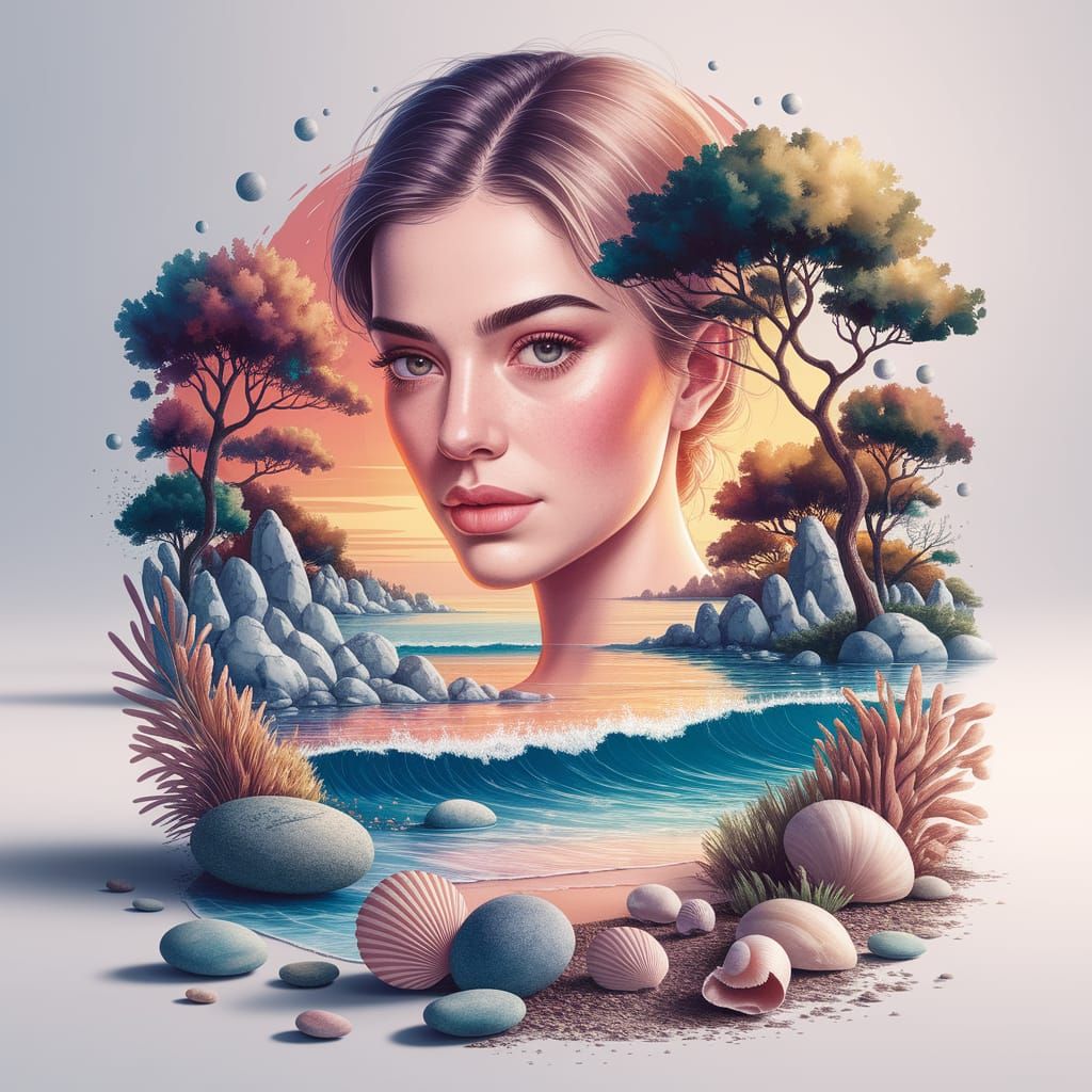 Watercolor Double Exposure Lady in Sunset Landscape