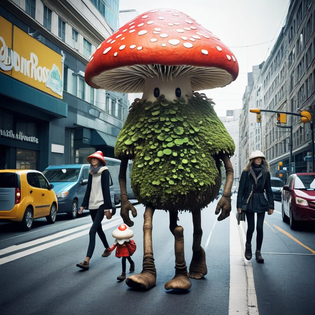 Surreal Giant Anthropomorphic Mushrooms Walking in City