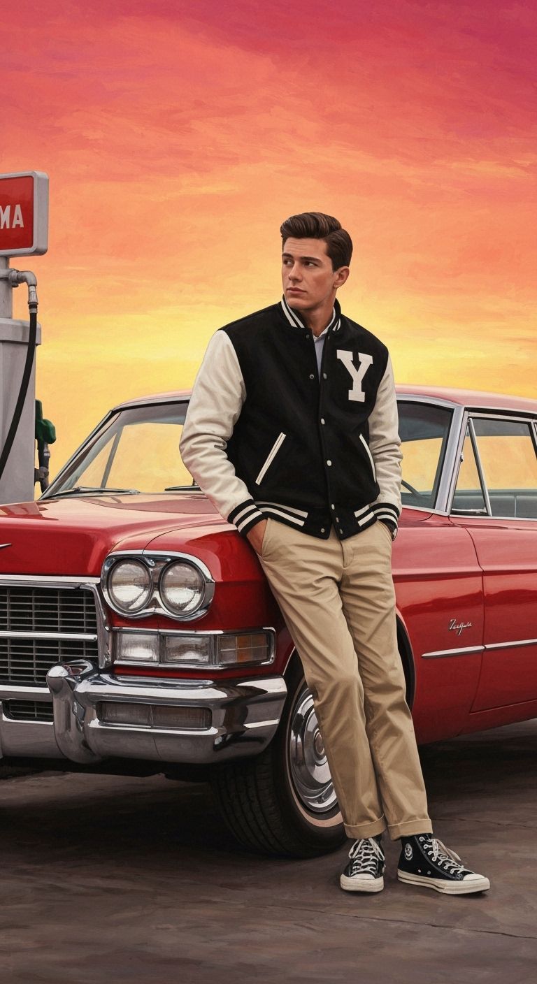 1950s Man in Baseball Jacket at Gas Station