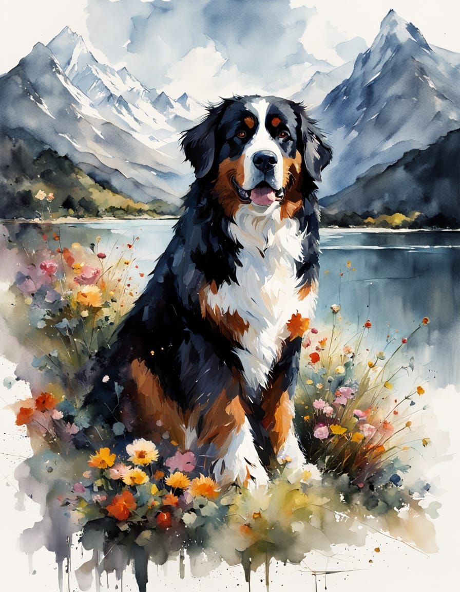 Vibrant Watercolor of a Majestic Bernese Mountain Dog in a F...