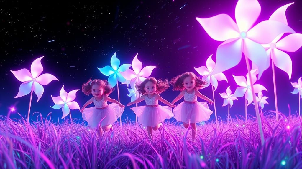 Neon Girls in Bioluminescent Pinwheel Field
