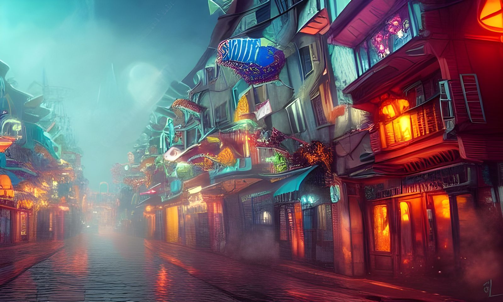 Magical Floating Carnival Street in Biopunk Style