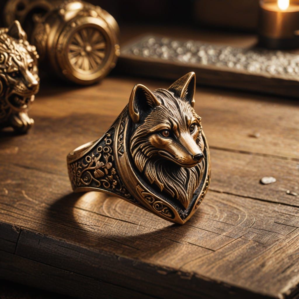Fantasy Fox Signet Ring in Ornate Golden Details