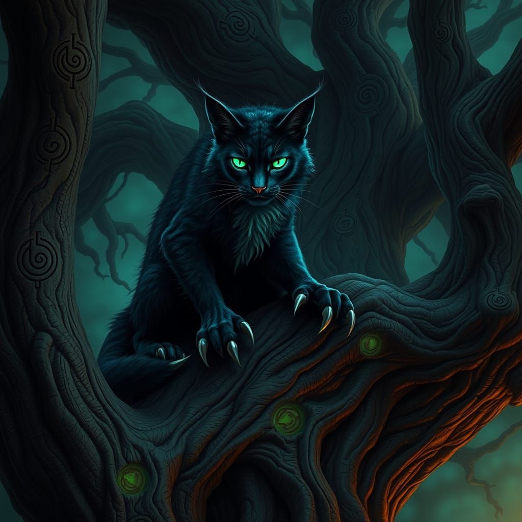 Menacing Feline Creature Sits Regally in Twisted Tree
