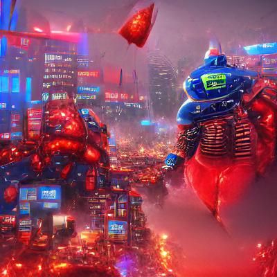 Futuristic Red Robot Destroys Cyberpunk City