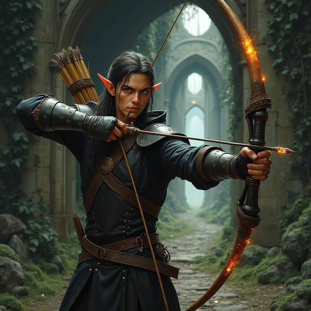 Mystical Half Elf Archer Stands Guard at Ancient Ruin Entran...
