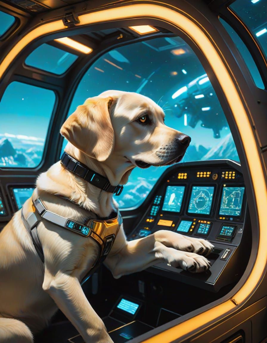 Surreal Futuristic Scene of Android and Puppy in Escape Pod