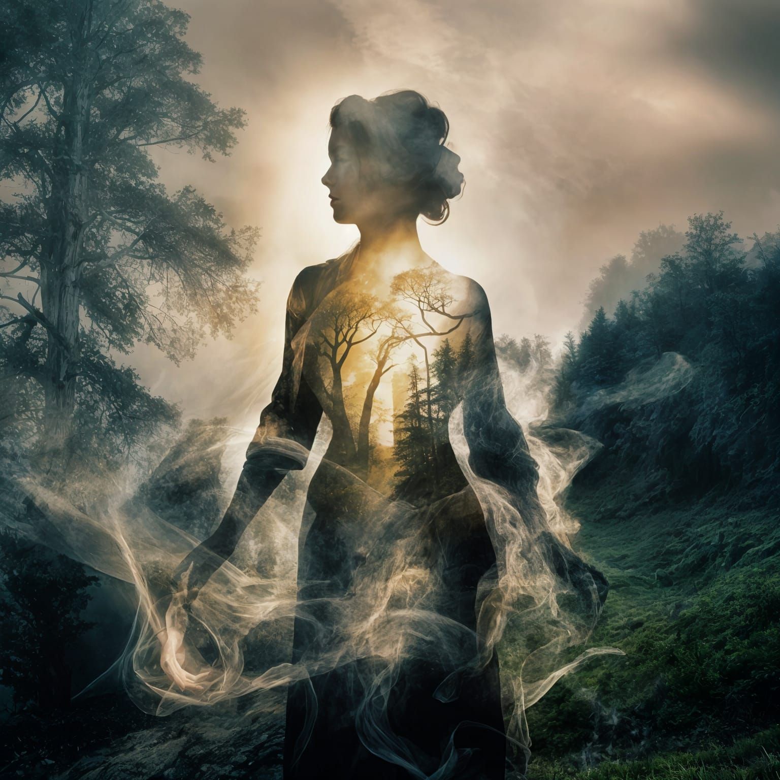 Misty Forest Silhouette in Romantic Style