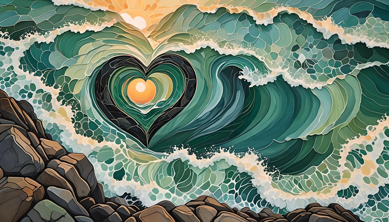 Heart-Shaped Rock Meets Ocean Waves at Sunrise