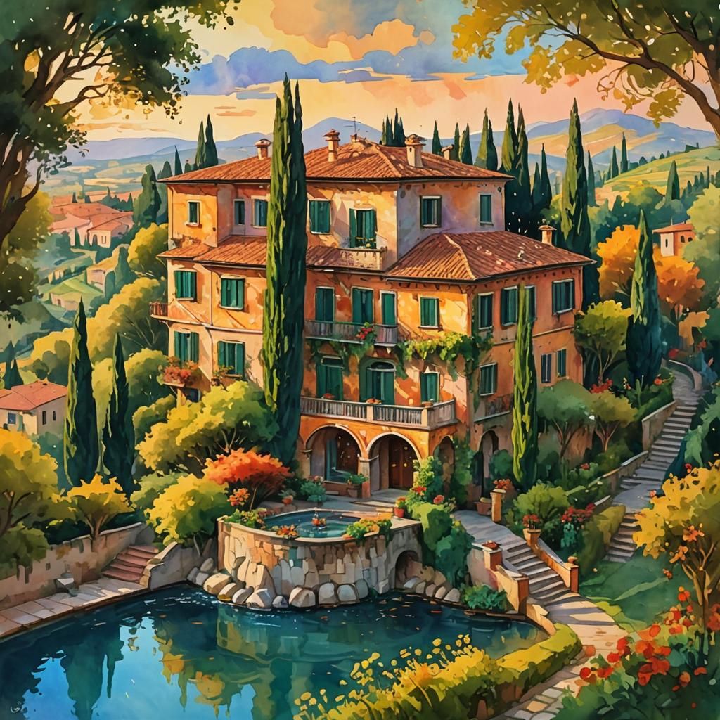 Italian Villa Sunset: Gouache Impressionist Masterpiece