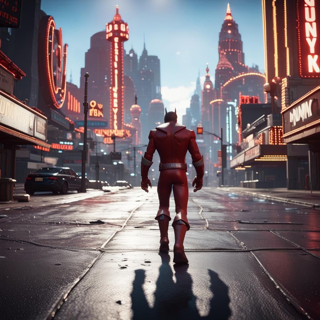 Superhero walking through Sin City