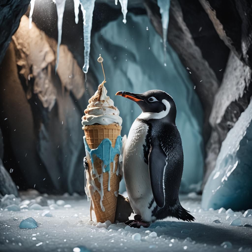 Penguin Eats Ice Cream in Dimly Lit Cave