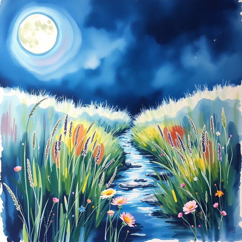 Watercolor Meadow Under Harvest Moon