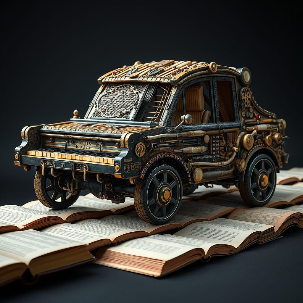 Steampunk Piano Car Sculpture on Book Road