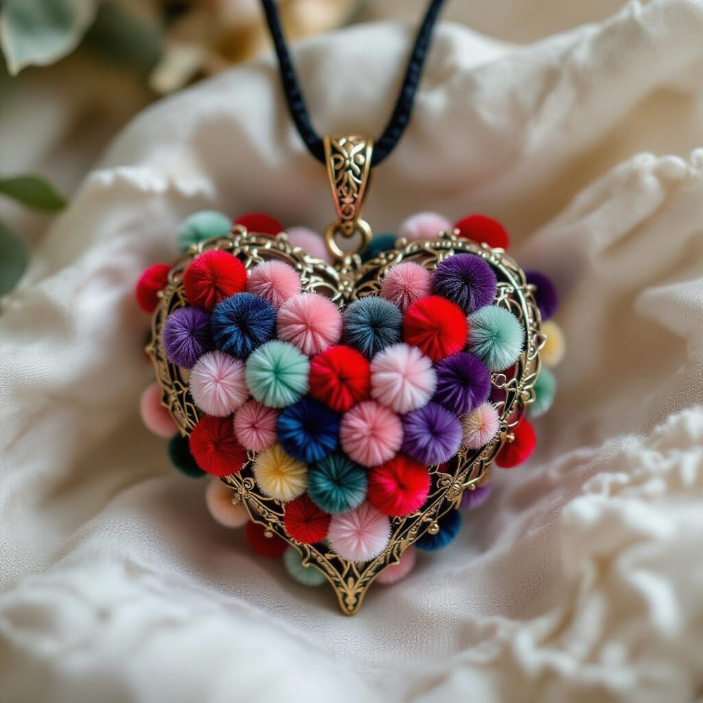 Gothic Heart Pom Pom Pendant in Pre-Raphaelite Style