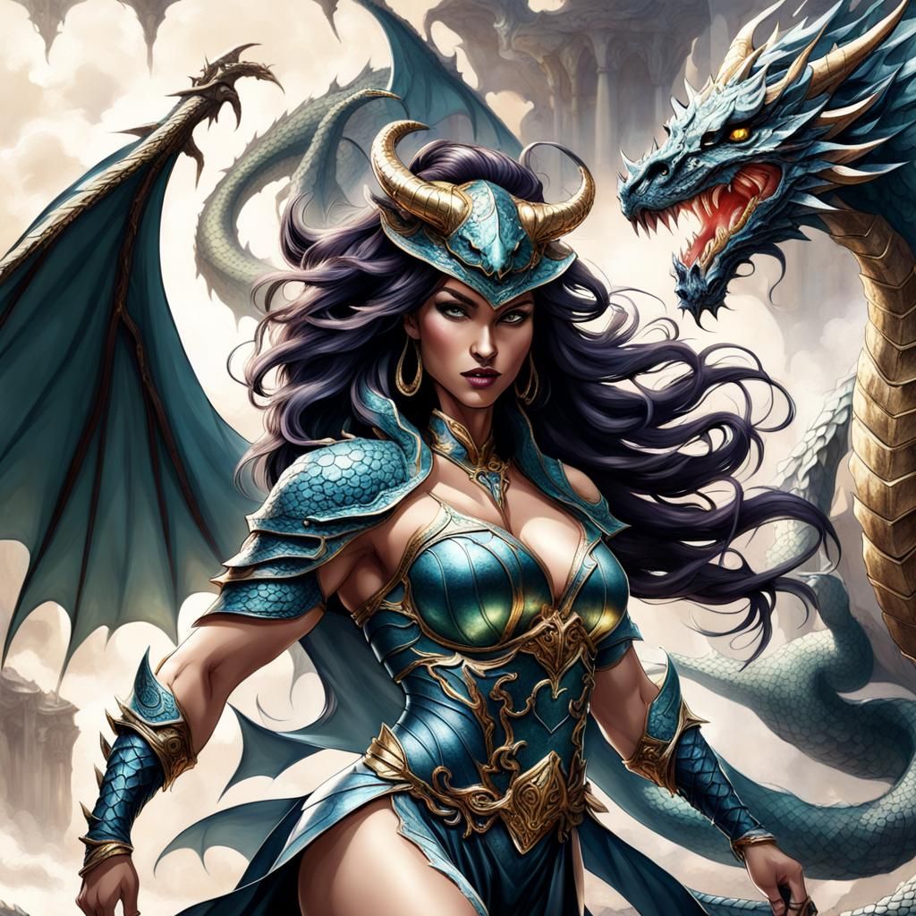 Mystical Half-Dragon Woman in Fantasy Style